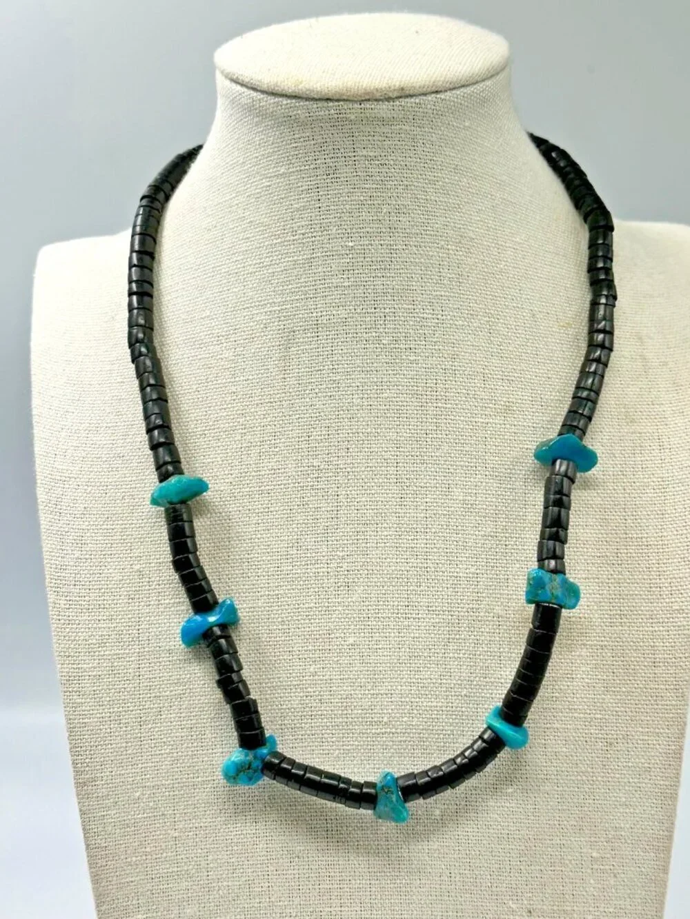 Vintage Turquoise Nugget Beaded Necklace Men Black Heishi Beads Barrel Clasp